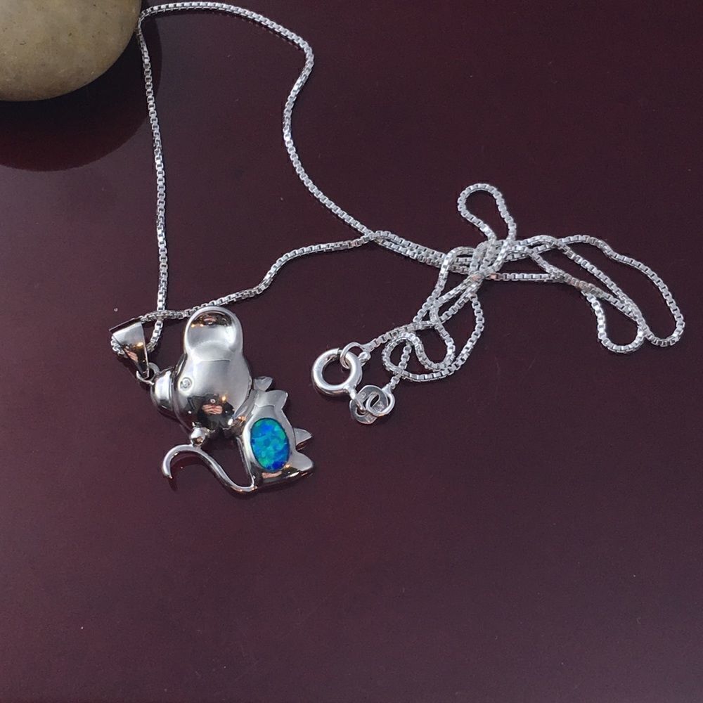 Mouse lab created opal sterling pendant & chain